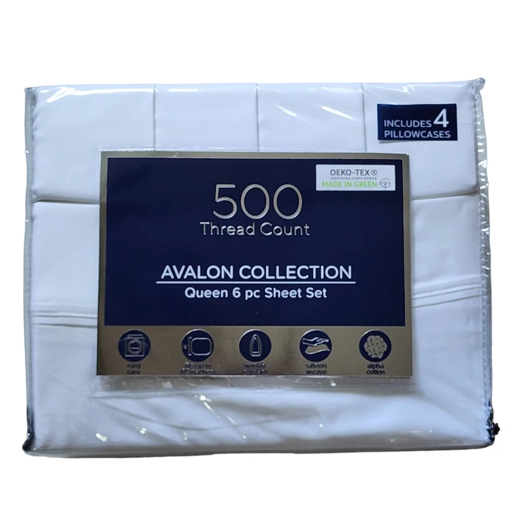 Avalon Collection Queen 6‎ pcs White Sheet Set 500 Thread Count Cotton Blend